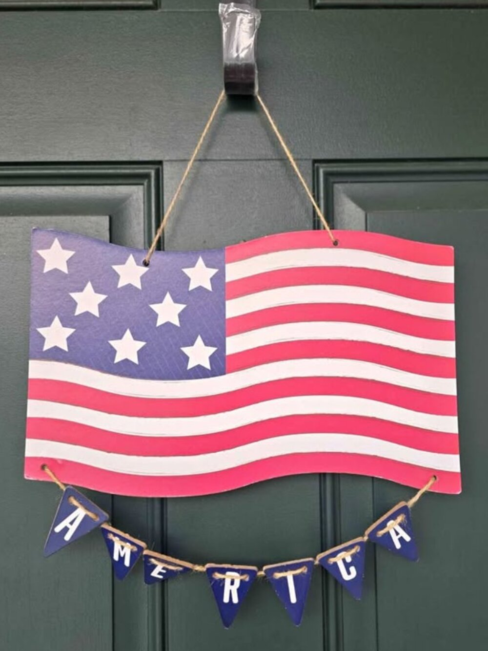 Patriotic American Flag "AMERICA" Banner Wooden Hanging Door Sign
